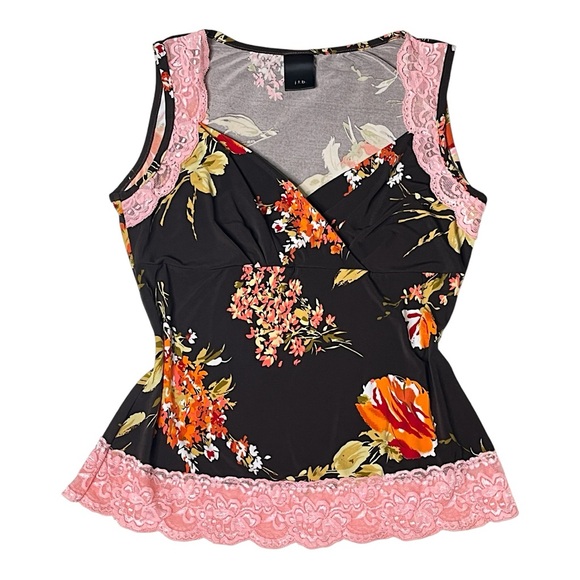Y2K j.t.b. Floral Print Lace Trim Surplice Neck Wrap Top Large Pink Brown Boho - Picture 2 of 15